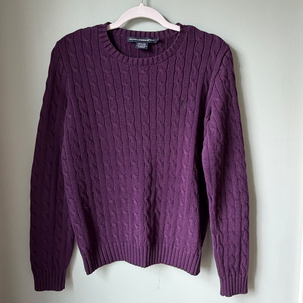 Ralph Lauren Sport Cable Knit Sweater 100% Cotton Crewneck Purple Pony Size XL